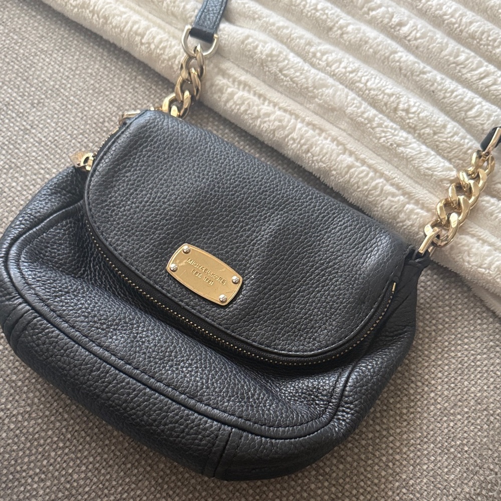 Michael Kors Black Pebbled Leather Crossbody with Gold Chain Strap